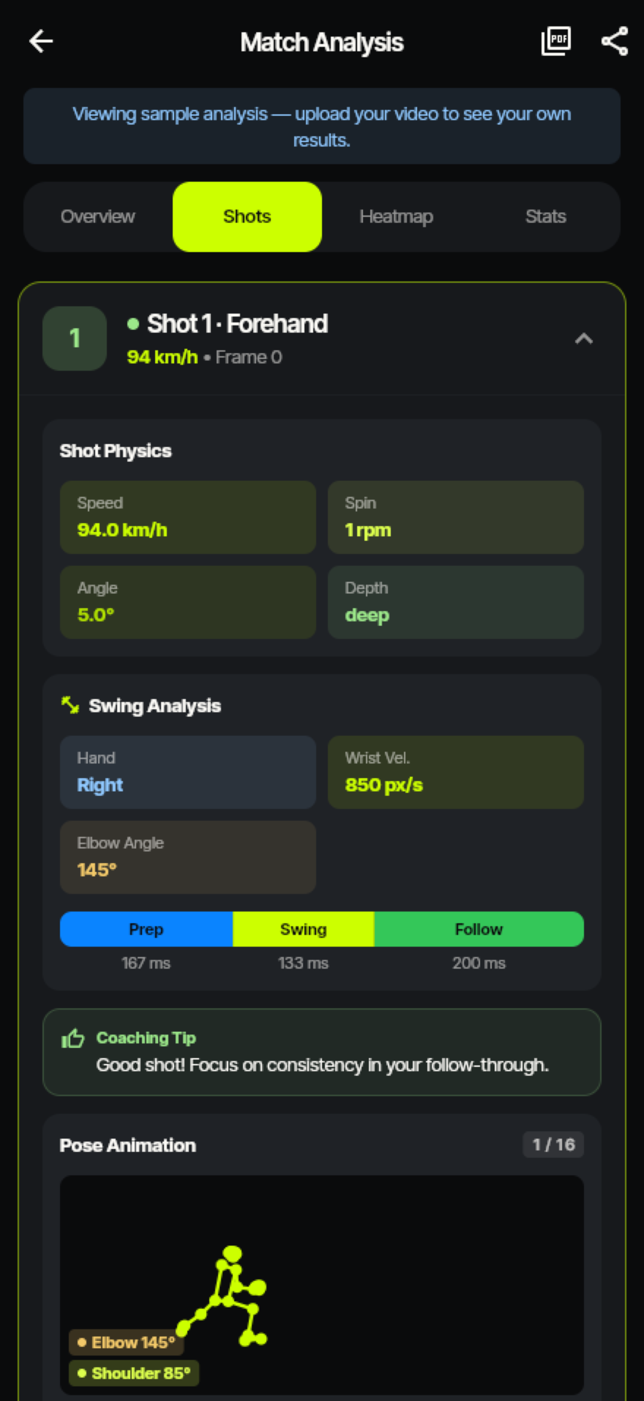 UNFORCE shot list screen showing classified tennis shots